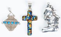 Three Sterling Silver Pendants: Antique Filigree with Enamel, A Teddy Bear and a Very Striking Enamel Cross