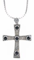 Handsome Cross in Sterling Silver with Onyx Cabochons Suspended from a Sterling Silver Chain