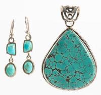Premium Turquoise on Full Display Here with a Striking Pendant and Dangling Earrings in Sterling Silver