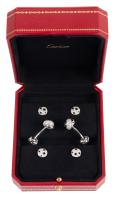 Gentleman's Cartier Trinity Cufflinks and Tuxedo Studs in 18K White Gold, Diamonds and Onyx. Rare, Full Set in Mint Cond