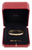 Second Ladies or Gents Cartier Love Bracelet in 18K Yellow Gold and 10 Diamonds Totaling Shy of One Carat.