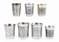 Collection of Unusual Russian Kiddush/Vodka Cups Having Interesting or Unusual Engravings and Niello Inlays
