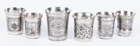 Six Large Russian Kiddush Cups, All 84 Silver Each Having Wonderful Engravings and Five with Expert Niello Inlays.