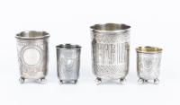 Four 19th Century 84 Silver Footed Kiddush Cups all with Fine Engravings one Especially Unique