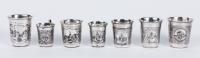 Seven Russian Kiddush/Vodka Cups, all 84 Silver with Niello Inlays and all Having Striking, Expertly Engraved Cityscapes