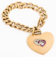Ladies Cuban Chain Bracelet with Large, Heart-Shaped Charm all in 14K Yellow Gold