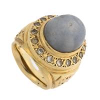 Ladies Petite Sized 14K Yellow Gold Ring Centered with a Lovely Star Sapphire in Blue-Grey Tones and Diamonds