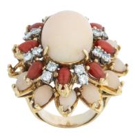 Ladies Stellar 18K Yellow Gold Cluster Ring in Coral, Carnelian and 8 Pairs of Accent Diamonds.