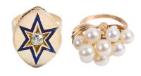 Two Petite Ladies Rings in 14K Yellow Gold. One with Pearls the Second a Starburst in Enamel and Diamond