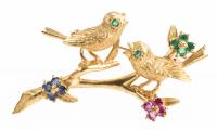 Ladies Delightful 14K Yellow Gold Pin with Two Sparrows on a Tree Branch with Sapphire, Ruby and Emerald Flowers