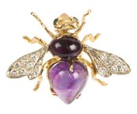 Beautiful Honeybee Pin with Amethyst Body, Diamond Wings and Emerald Eyes Cast in 18K Yellow and White Gold