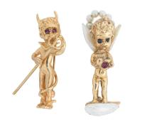 Charming Cupid Pins in 14K Yellow Gold. One an Angel Standing On a Cloud, the Other a Cherubic Version of the Devil