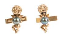 Men's or Ladies 14K Gold Cupid Cufflinks Each Holding a Black Pearl, Quite Special