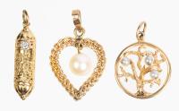 Three Lovely 14K Yellow Gold Pendants: Excellent Tree of Life, a Heart Shaped Pendant with Pearl and a Beautiful Mezuzah
