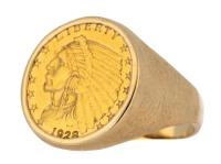 Ladies or Gentleman's 18K Brushed Yellow Gold Ring Set with a 2.5 Dollar Indian Head Gold Coin