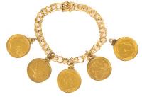 Impressive Ladies 14K Yellow Gold Bracelet with Four 22K Gold British Sovereigns, Queen Victoria