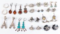 Fourteen Pairs of Ladies Sterling Silver Earrings in a Wide Variety of Style including Native American Pieces.