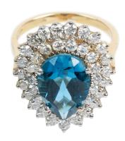 Ladies Dazzling 14K Yellow and White Gold Ring Centered with a Lovely Blue, Pear-Shaped London Topaz and Diamonds