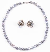 Ladies South Sea Silver Pearl Ensemble of a Necklace and Matching Earrings with 14K White Gold Foliate Accents.