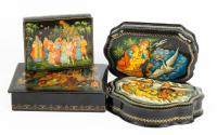 Four Vintage Russian Lacquer Boxes with Astonishing Gold and Silver Hand-Painted Highlights, Scrollwork and Trim.