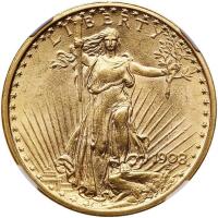 1908 $20 St. Gaudens. No Motto NGC MS61