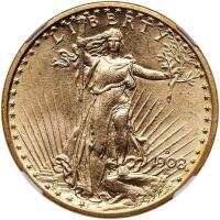 1908-D $20 St. Gaudens. No Motto NGC MS64