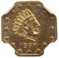 1897-Dated 1/4 Octagonal Head RGT Alaska Brass Token NGC MS66
