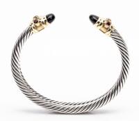 David Yurman Sterling Silver Double Cable Cuff Bracelet with 14K Yellow Gold Trim and Onyx Cabachons with Pink Sapphire Accents