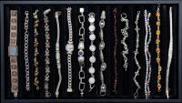 15 Sterling Silver Bracelets with Diverse Accents and Materials and One 14K Yellow Gold Twisted Wire Bracelet with Faceted Glass