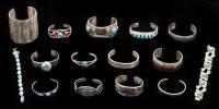 Ladies 12 Sterling Silver Cuffs, Most with Quality Turquoise and Two Link Bracelets