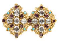 Very Striking Ladies 18K Yellow Gold Vintage Filigree Brooch with White Topaz, Garnets and Persian Turquoise