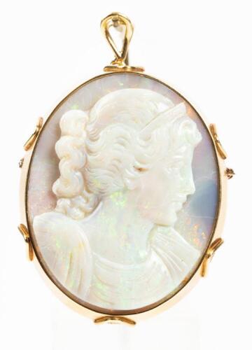 Stunning Opal Cameo of Exquisite Craftsmanship in Heavy 14K Yellow Gold Bezel. Can Be Worn as Pendant or Pin