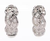 Ladies 18K White Gold and Diamond Earrings in a Lovely Braided, Crescent Shape Set with Baguette Diamonds