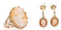 Lovely Shell Cameo 10K Yellow Gold Ring and 10K Gold Post Drop Earrings