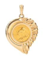 Ladies 1/20th Ounce Panda Gold Coin Pendant in 14K Yellow Gold Heart Shaped Bezel

Ring Minted in 1989 in 14K Yellow Gold Sett