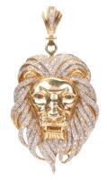 Men's Custom Made Lion's Head Pendant in 14K Yellow Gold Set with 200 Accent Diamonds and Two Deep Blue Sapphires