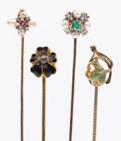 Spring Is Forever; Four (4) Antique Ladies 14K Gold Stick Pins All in Foliate Designs with Two Having Seed Pearls an Emerald a P