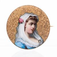 Ladies Antique, Victorian Pin in 14K Yellow Gold with Beautiful Hand Painted Enamel Portrait of a Baroness