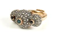 Striking, Ottoman Inspired Ladies 14K Gold & Sterling Silver Ring. 3 Architectural Domes Studded in Diamonds & Each Topped w/Sap