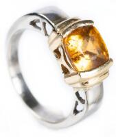 Ladies 14K White and Yellow Gold Ring Centered with an Imperial 3 Carat Dark Orange Topaz from Brazil