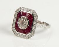 Ladies Beautiful Art Deco Styled Ring in 18K White Gold with Rubies and a Centered with a 1 Carat Diamond and .45 Carats of Acce