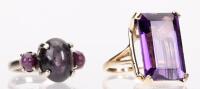 Ladies Pair of Vintage 1970s Cocktail Rings both in 14K Gold, One with a Large Emerald Cut Amethyst Solitaire, a Second with 3 S