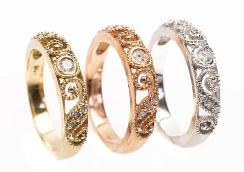 Ladies Rings: Three (3) Matching Filigree Diamond 14 K Gold: In Yellow, Rose & White Custom Made by Raymond Jewelers., B