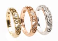 Ladies Rings: Three (3) Matching Filigree Diamond 14 K Gold: In Yellow, Rose & White Custom Made by Raymond Jewelers., B