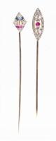 Two Outstanding Men's or Ladies Vintage Deco Style Stick Pins: One in 18K White Gold, One in 14K Yellow Gold, Both with Precious