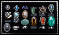 Tray of 15 Sterling Silver Rings with Various Stones, a 14k Yellow Gold and Seed Pearl Pendant/Pin, a Jade Pendant and Lapis Stu
