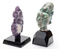Two Modern Carved Portrait Sculptures of Mayan King K'inich Janaab Pakal I, One of Amethyst, one of Bloodstone
