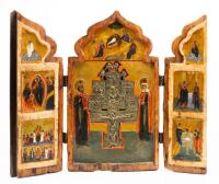 Antique Orthodox Triptych Icon of Veneration of the Cross with Gilt Bronze Crucifix Hand Painted on Wood