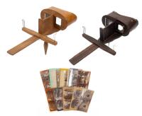 Pair of Antique of 3-D Slide Viewers: Perfect View in All Wood, Keystone View in Dark Wood and Tin Both ca. 1900 with 10 Antique