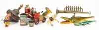 Collection of Nine (9) Tin Toys and One Functional Brass Toy Trumpet Collection Includes Toys from J.Chein & Co. and D.R.G.M.